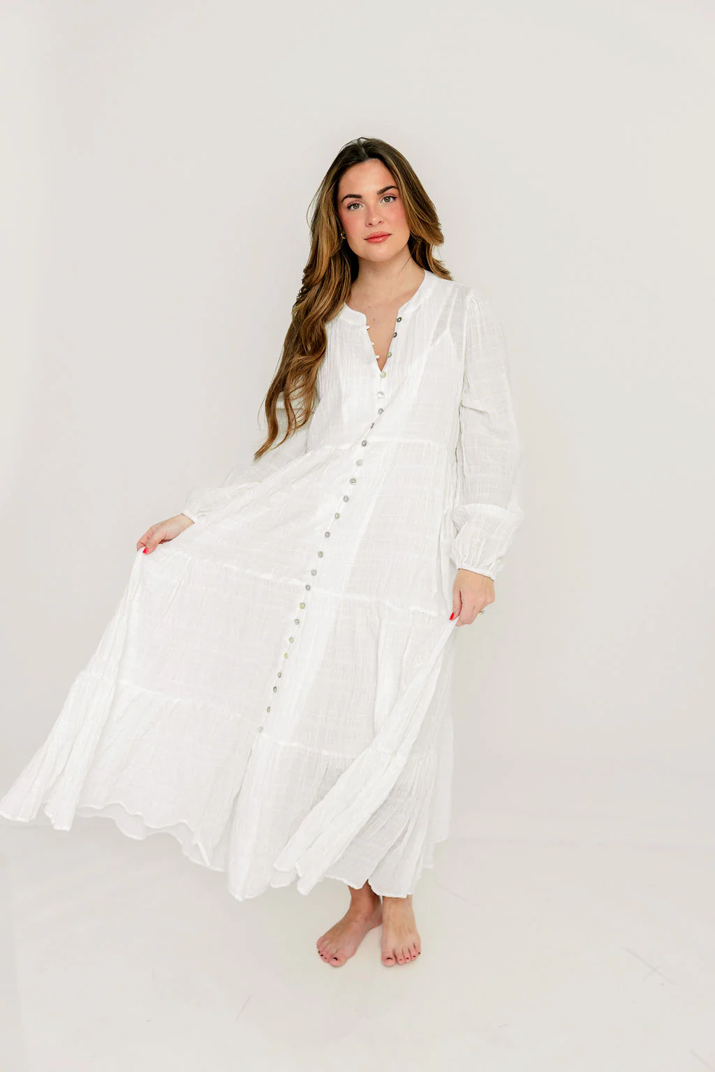 Anna Cotton-Blend Button Down Maxi Dress in Ivory - Bump Friendly - Image 12