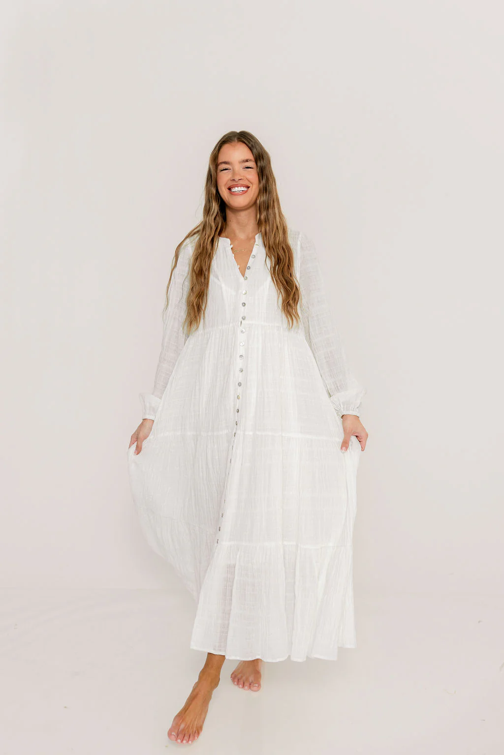 Anna Cotton-Blend Button Down Maxi Dress in Ivory - Bump Friendly - Image 5