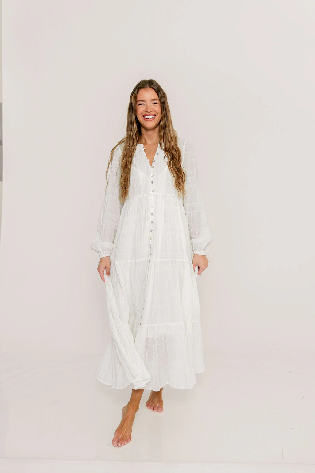 Anna Cotton-Blend Button Down Maxi Dress in Ivory - Bump Friendly - Image 6