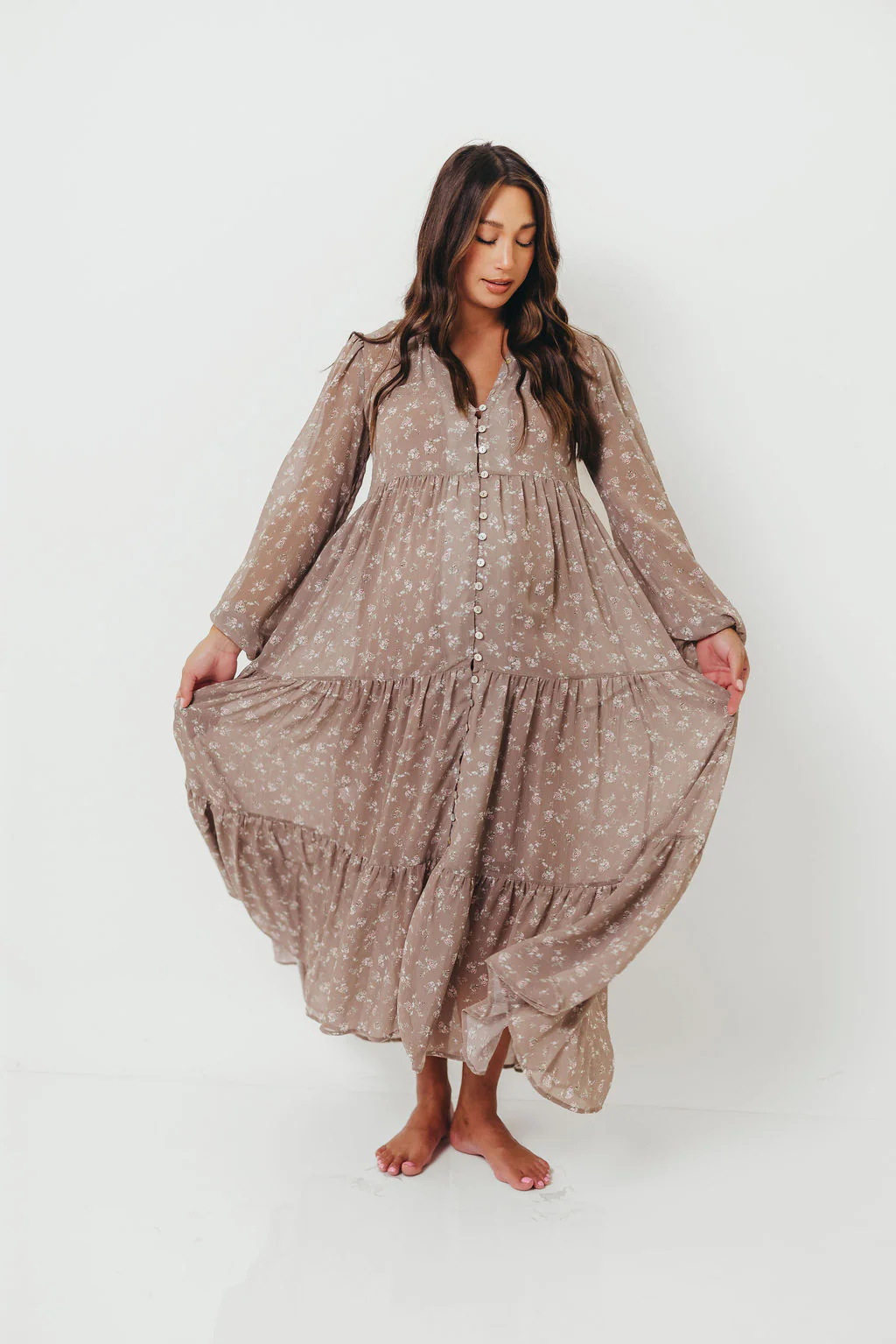 Anna Floral Print Button Front Duster Maxi W/Slip in Mocha Multi - Bump Friendly - Image 15
