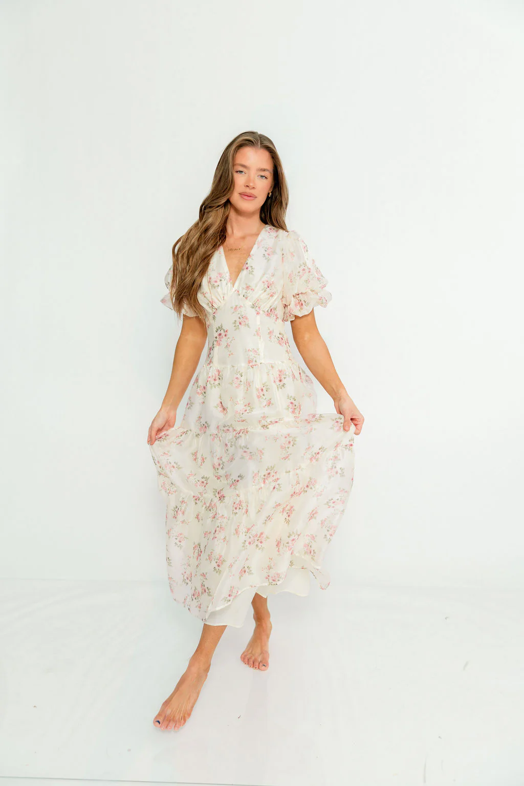Kels Puff Sleeve Tiered Midi Dress in Ivory/Pink Floral
