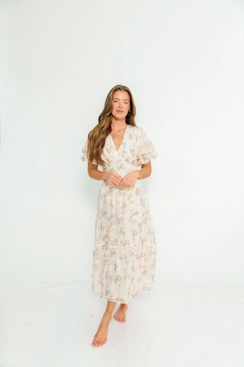 Kels Puff Sleeve Tiered Midi Dress in Ivory/Pink Floral - Image 2