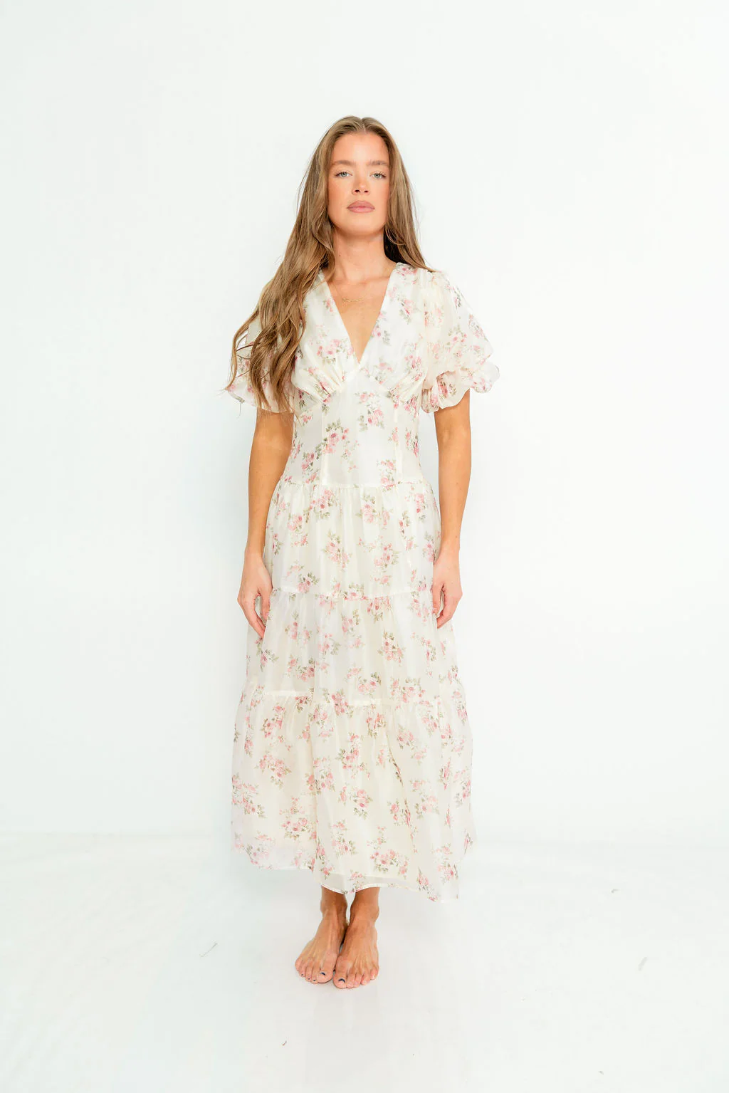 Kels Puff Sleeve Tiered Midi Dress in Ivory/Pink Floral - Image 3