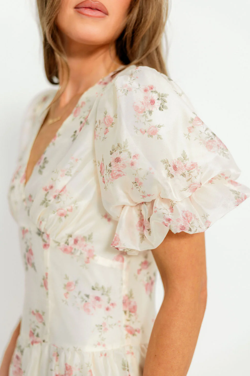 Kels Puff Sleeve Tiered Midi Dress in Ivory/Pink Floral - Image 5