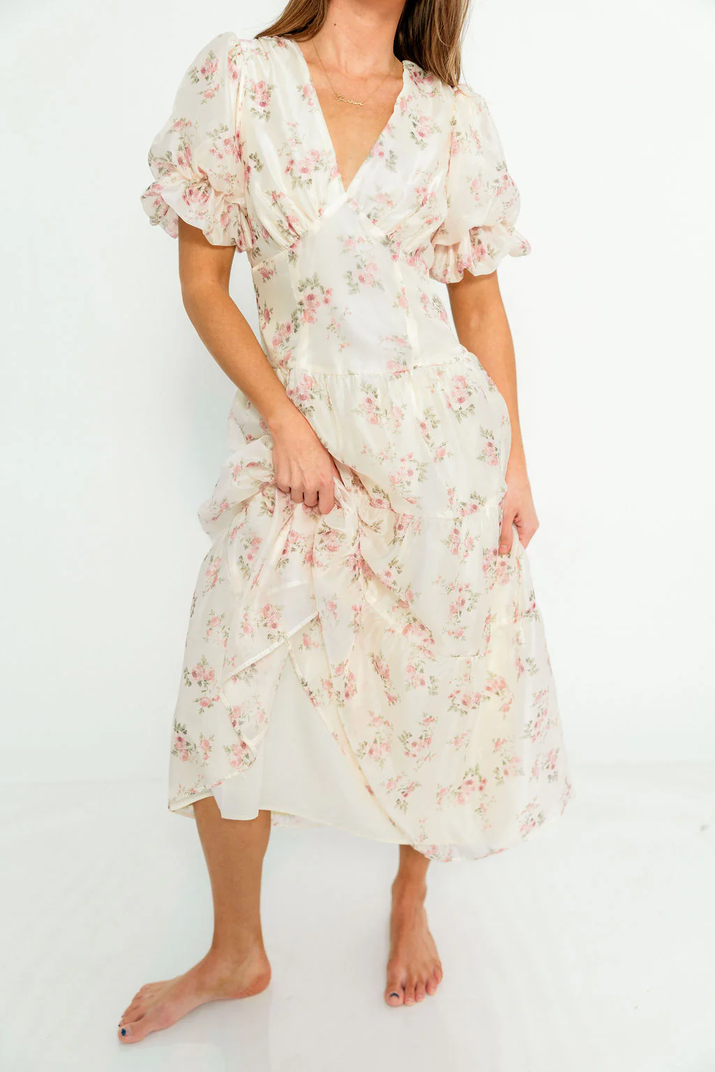 Kels Puff Sleeve Tiered Midi Dress in Ivory/Pink Floral - Image 6