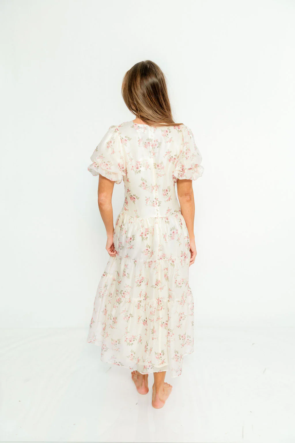 Kels Puff Sleeve Tiered Midi Dress in Ivory/Pink Floral - Image 7
