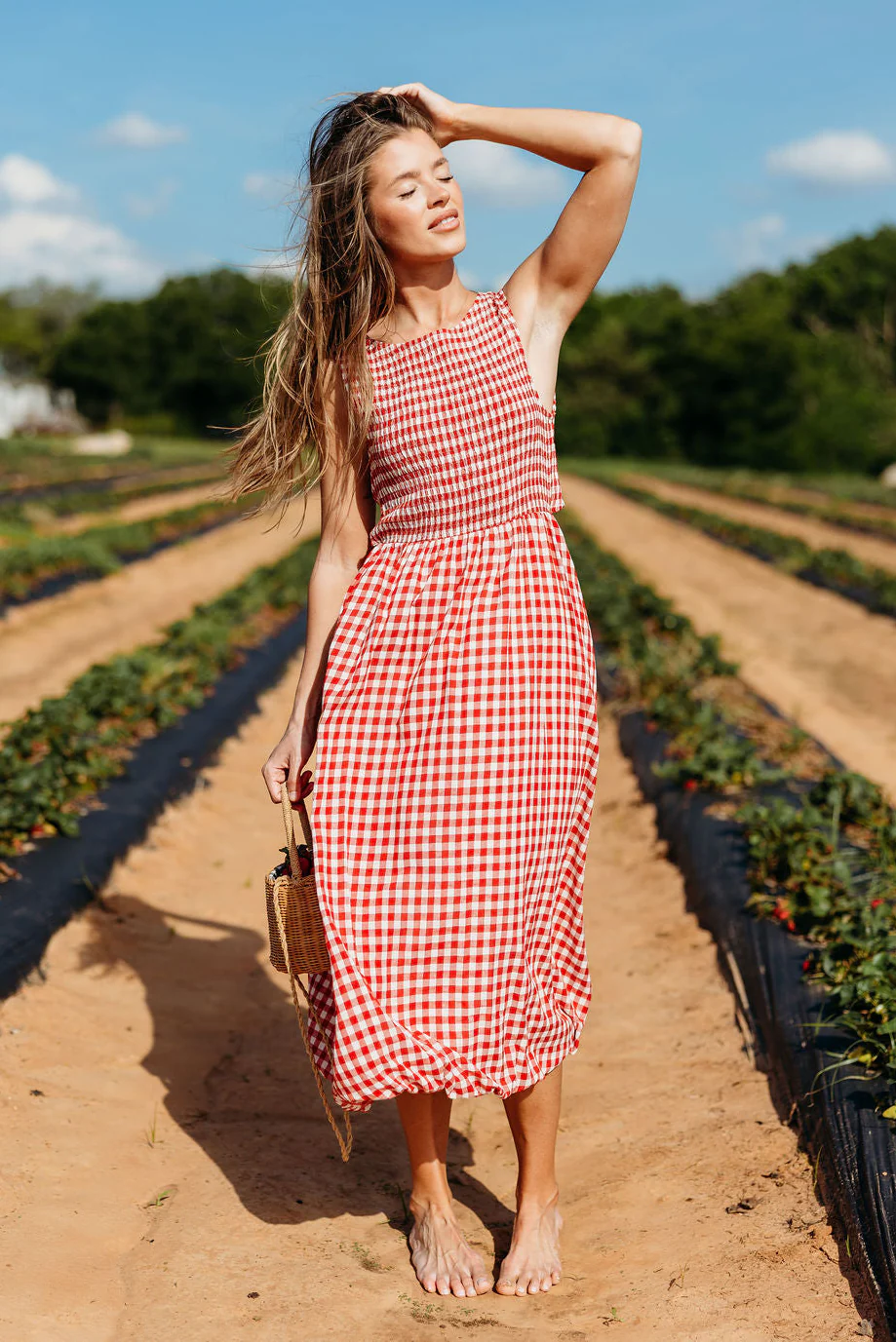 Antonia Bubble Hem Midi Dress in Red Ivory