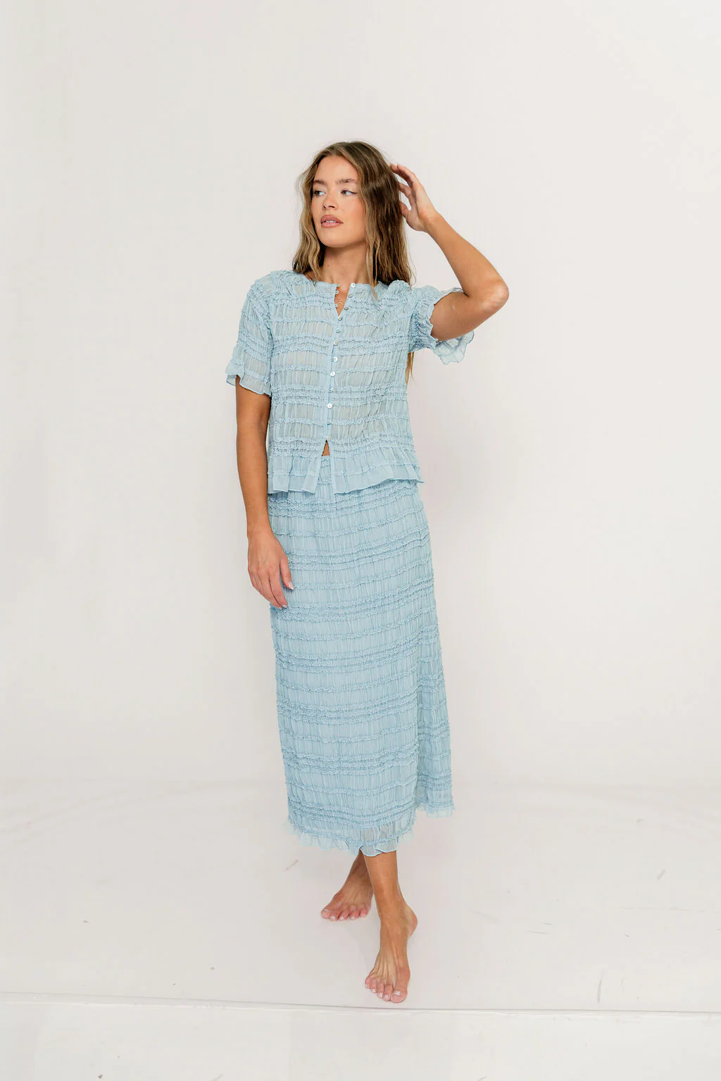 Elodie Peplum Top and Skirt Set in Sky
