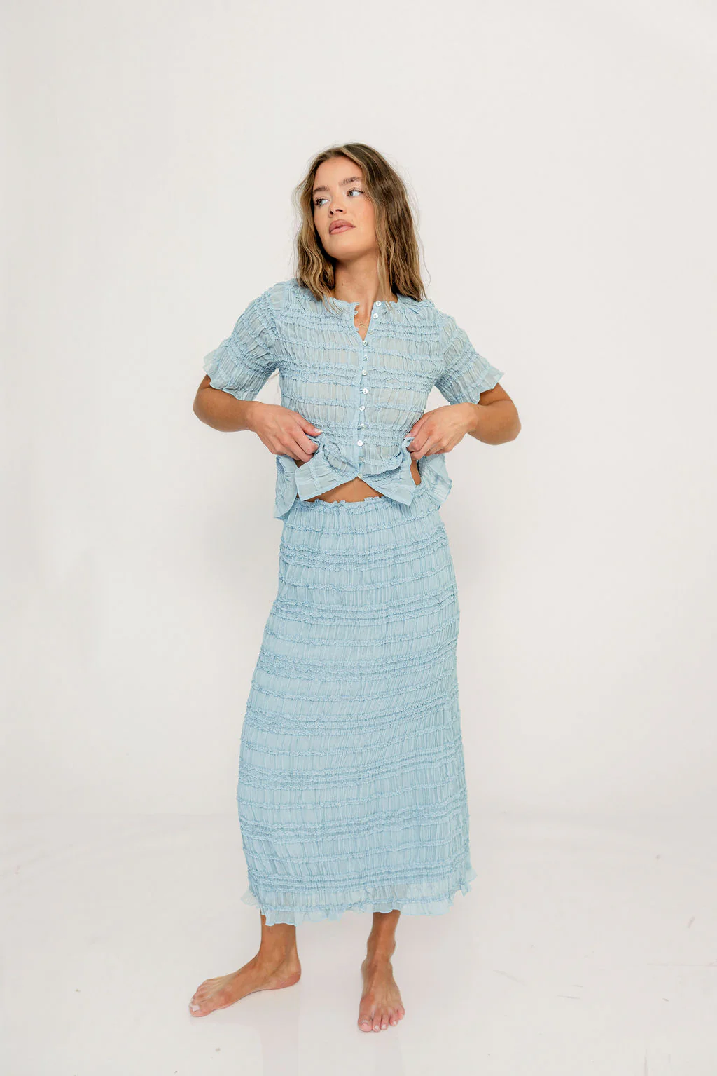 Elodie Peplum Top and Skirt Set in Sky - Image 2