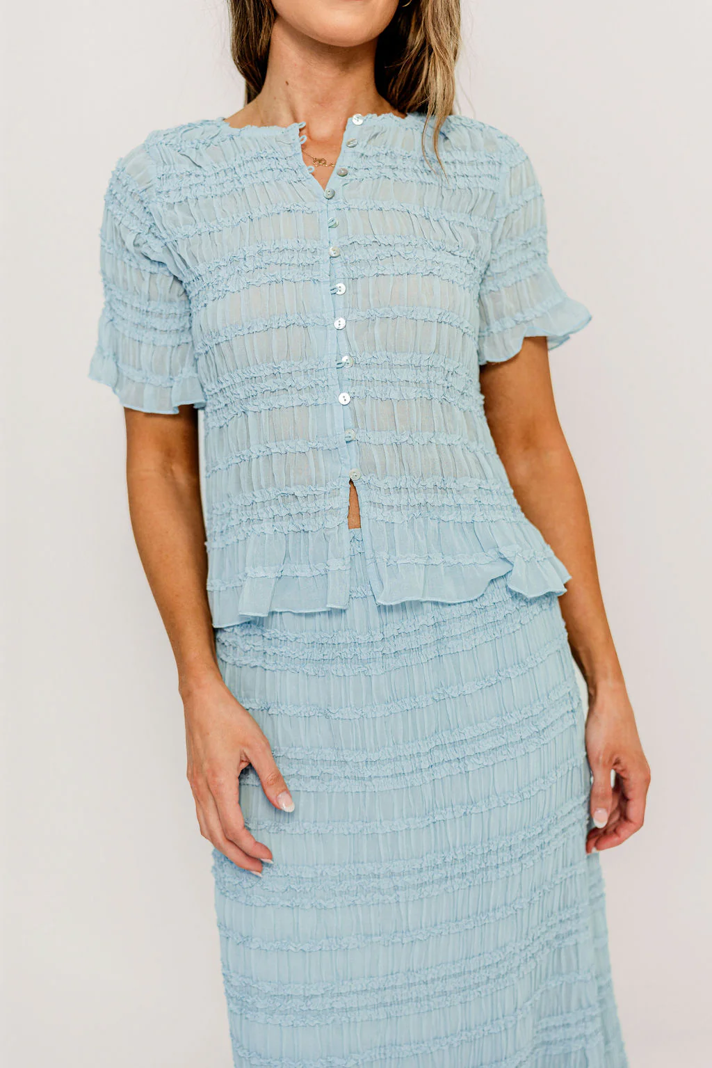 Elodie Peplum Top and Skirt Set in Sky - Image 3