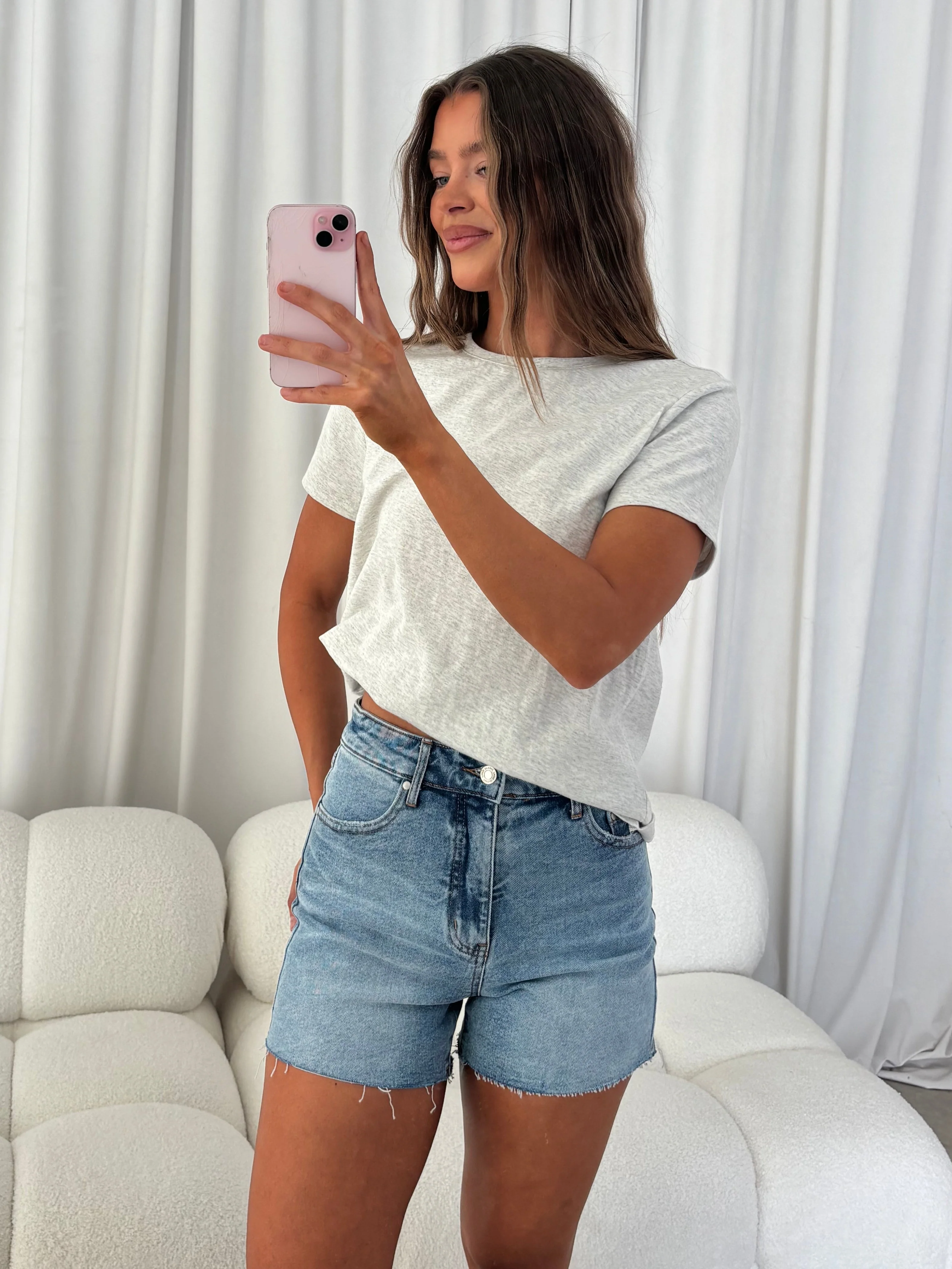 Cam Mid Rise Denim Shorts in Medium Wash