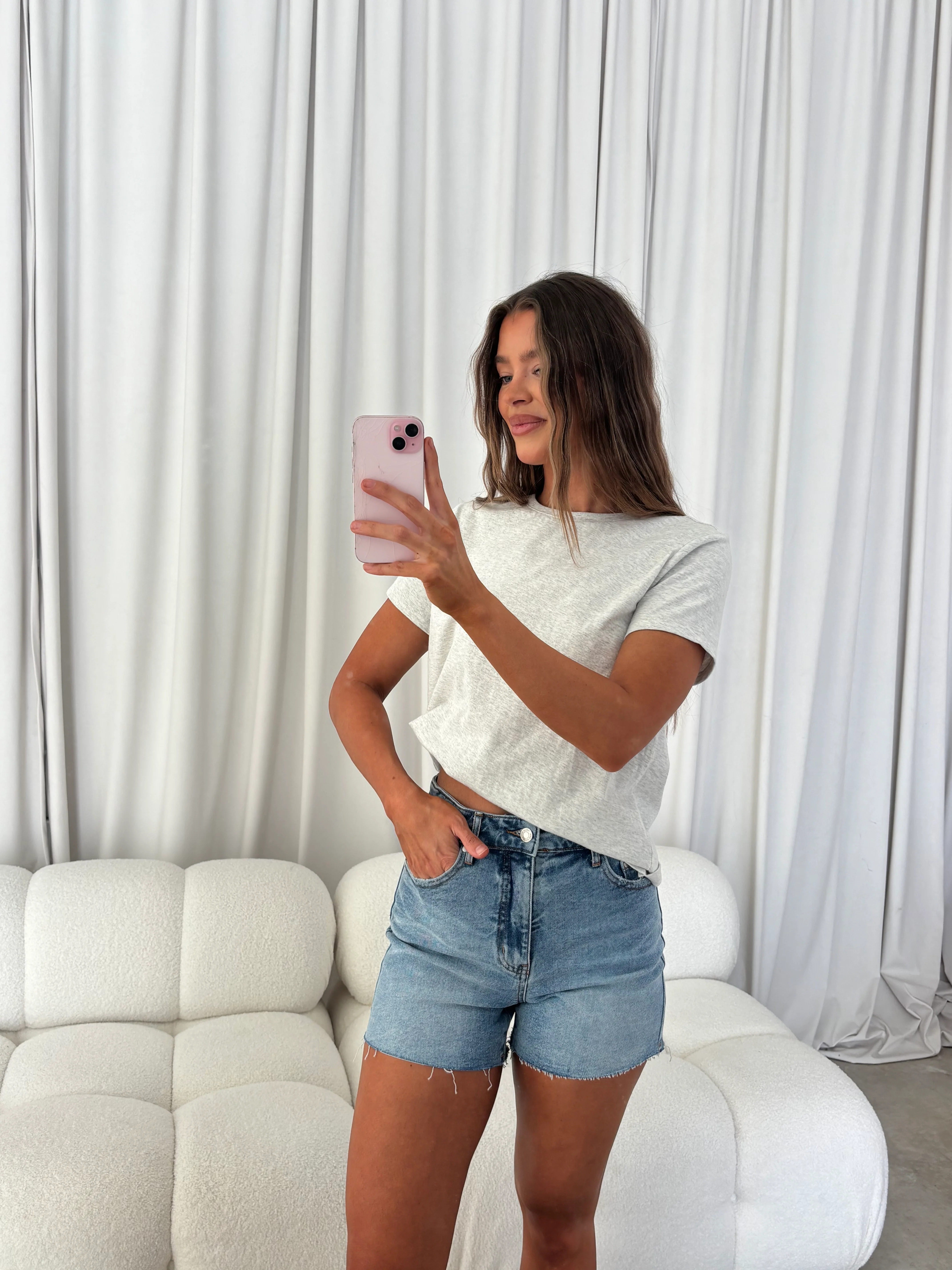 Cam Mid Rise Denim Shorts in Medium Wash - Image 2