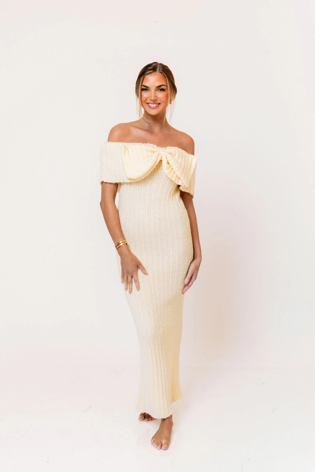 Aston Bow Front Maxi Sweater Dress in Butter Yellow - Bump Friendly - Image 3