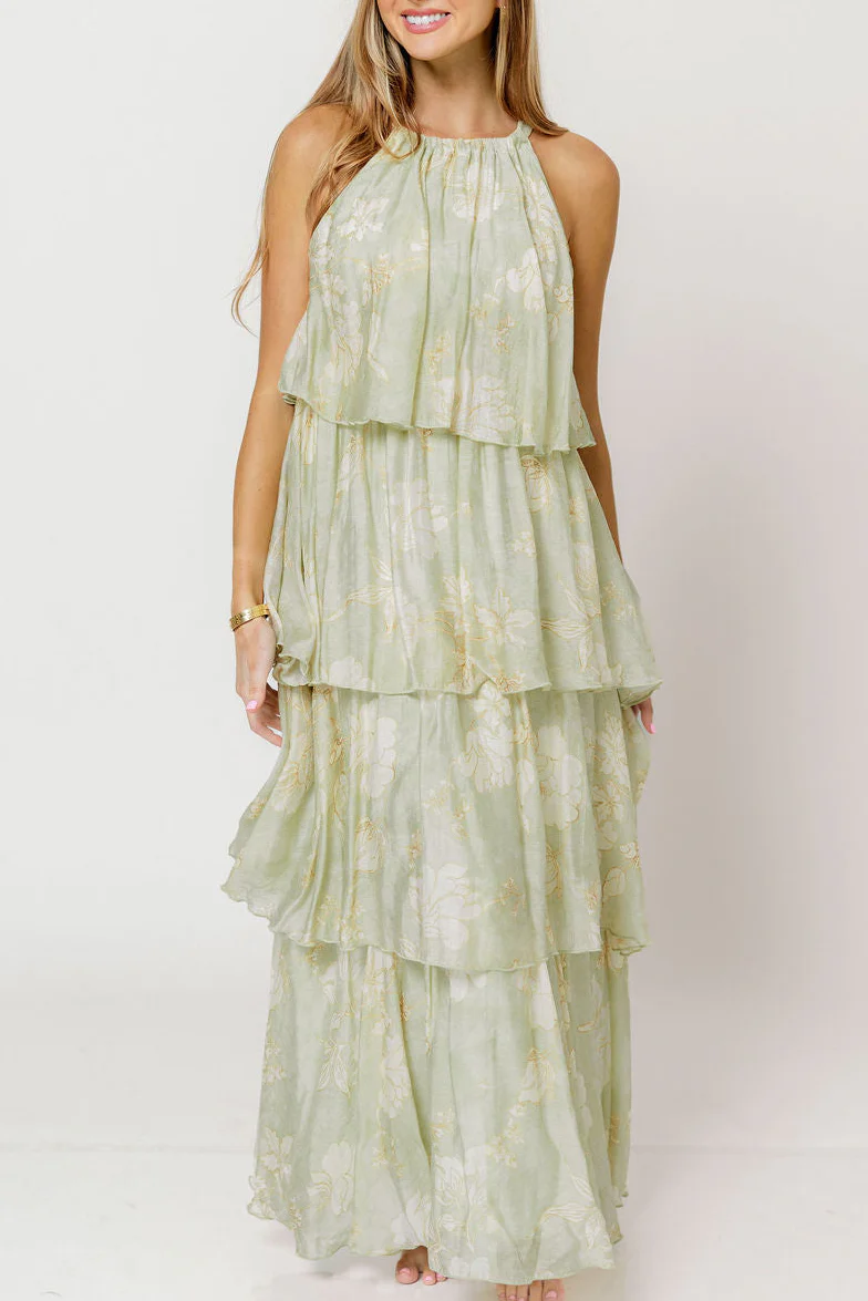 Cathy Floral Print Self Tie Halter Ruffle Tiered Maxi Dress in Sage - Image 2