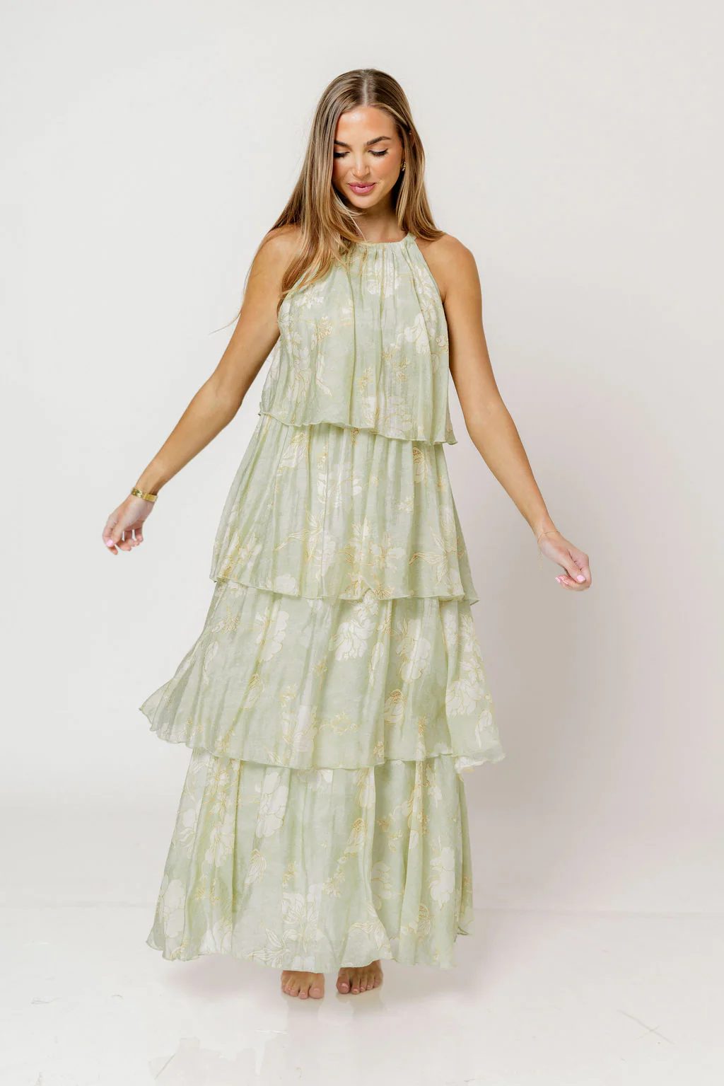 Cathy Floral Print Self Tie Halter Ruffle Tiered Maxi Dress in Sage - Image 3
