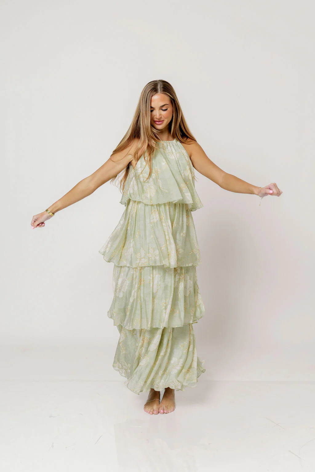 Cathy Floral Print Self Tie Halter Ruffle Tiered Maxi Dress in Sage - Image 4
