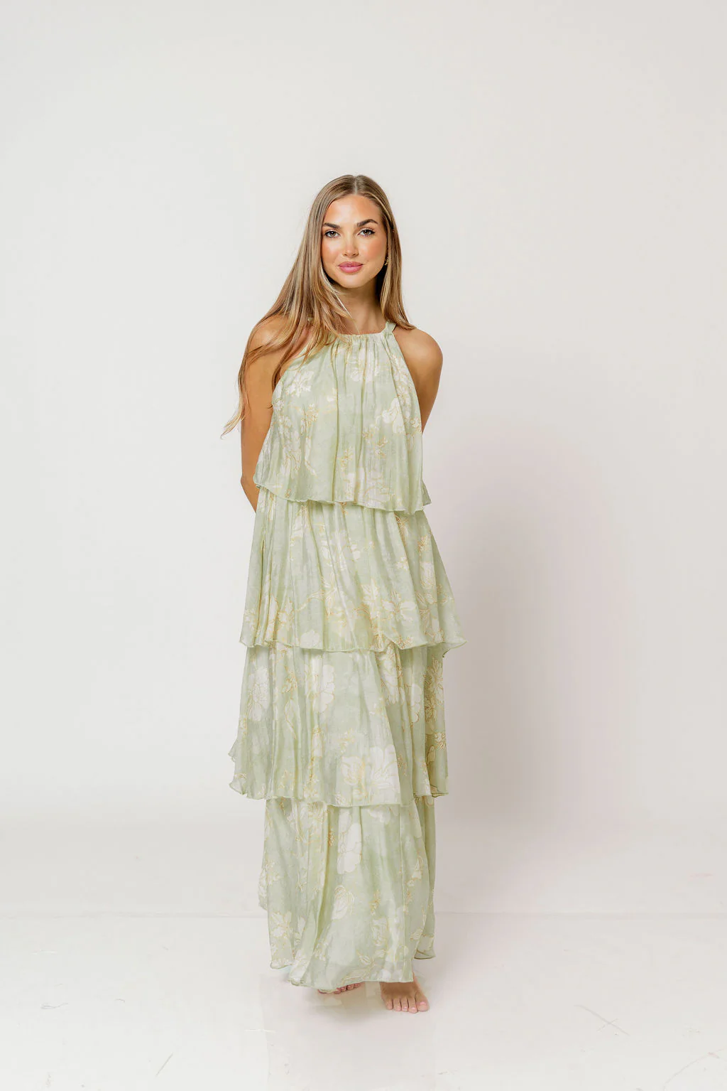 Cathy Floral Print Self Tie Halter Ruffle Tiered Maxi Dress in Sage - Image 5