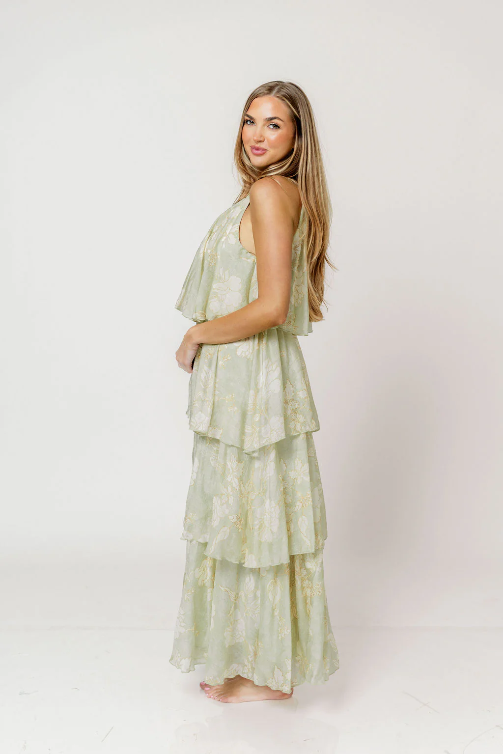 Cathy Floral Print Self Tie Halter Ruffle Tiered Maxi Dress in Sage - Image 6