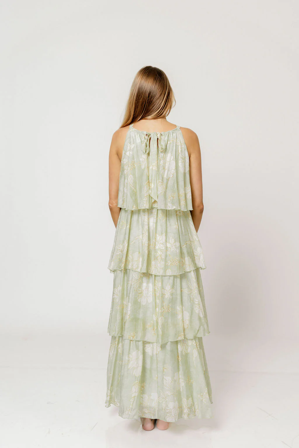 Cathy Floral Print Self Tie Halter Ruffle Tiered Maxi Dress in Sage - Image 8