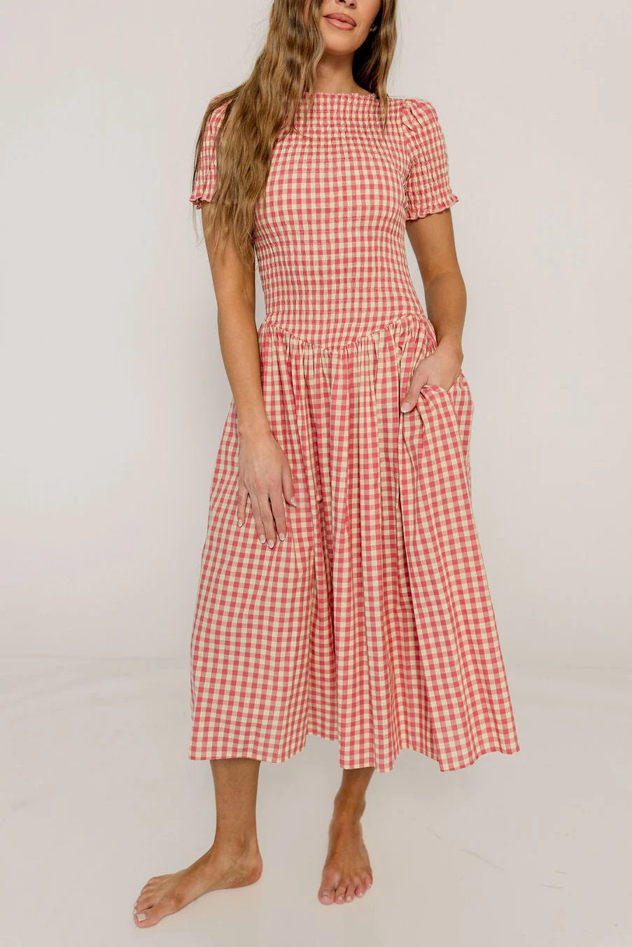 Bianca 100% Cotton Smocked Gingham Midi Dress in Pink