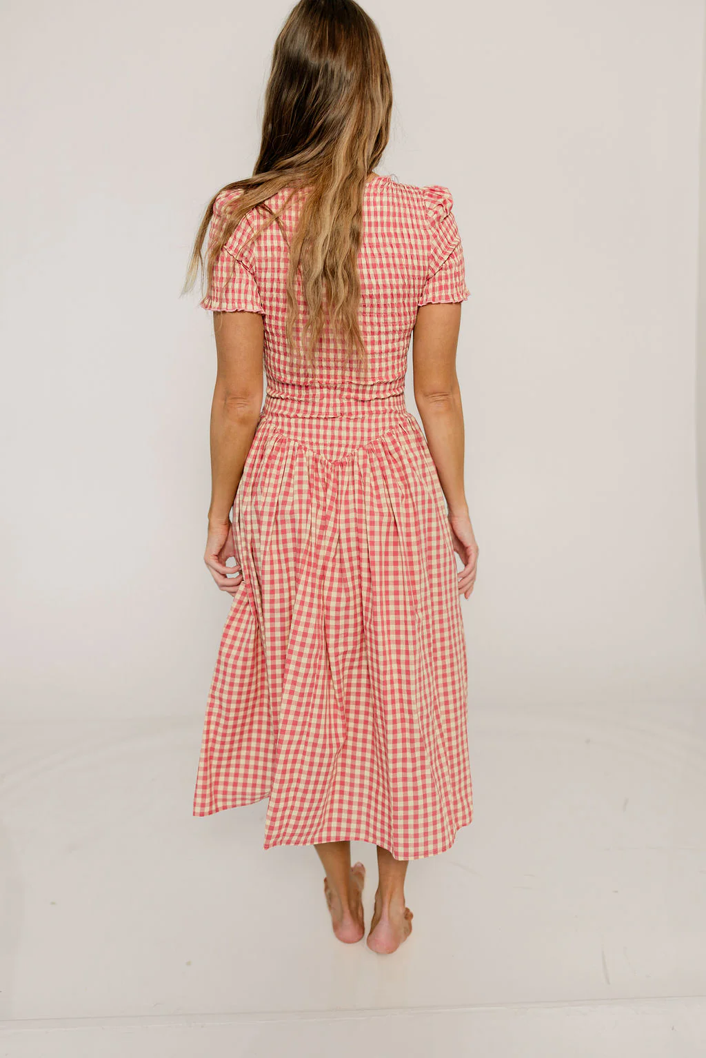 Bianca 100% Cotton Smocked Gingham Midi Dress in Pink - Image 10