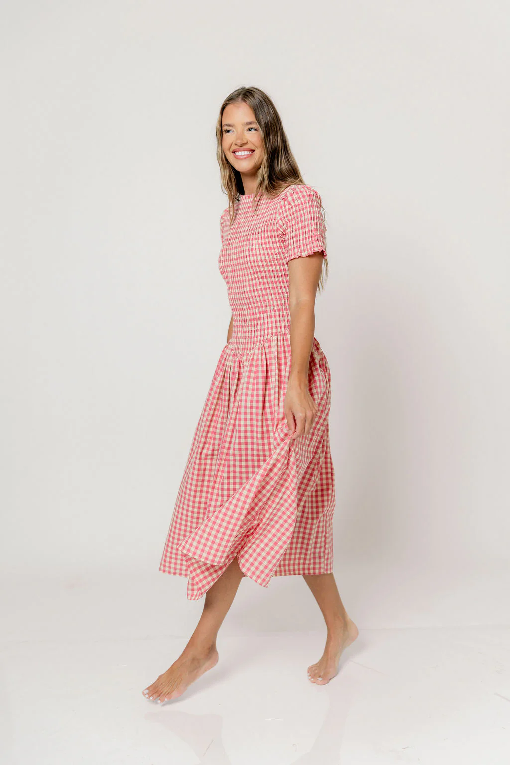 Bianca 100% Cotton Smocked Gingham Midi Dress in Pink - Image 11