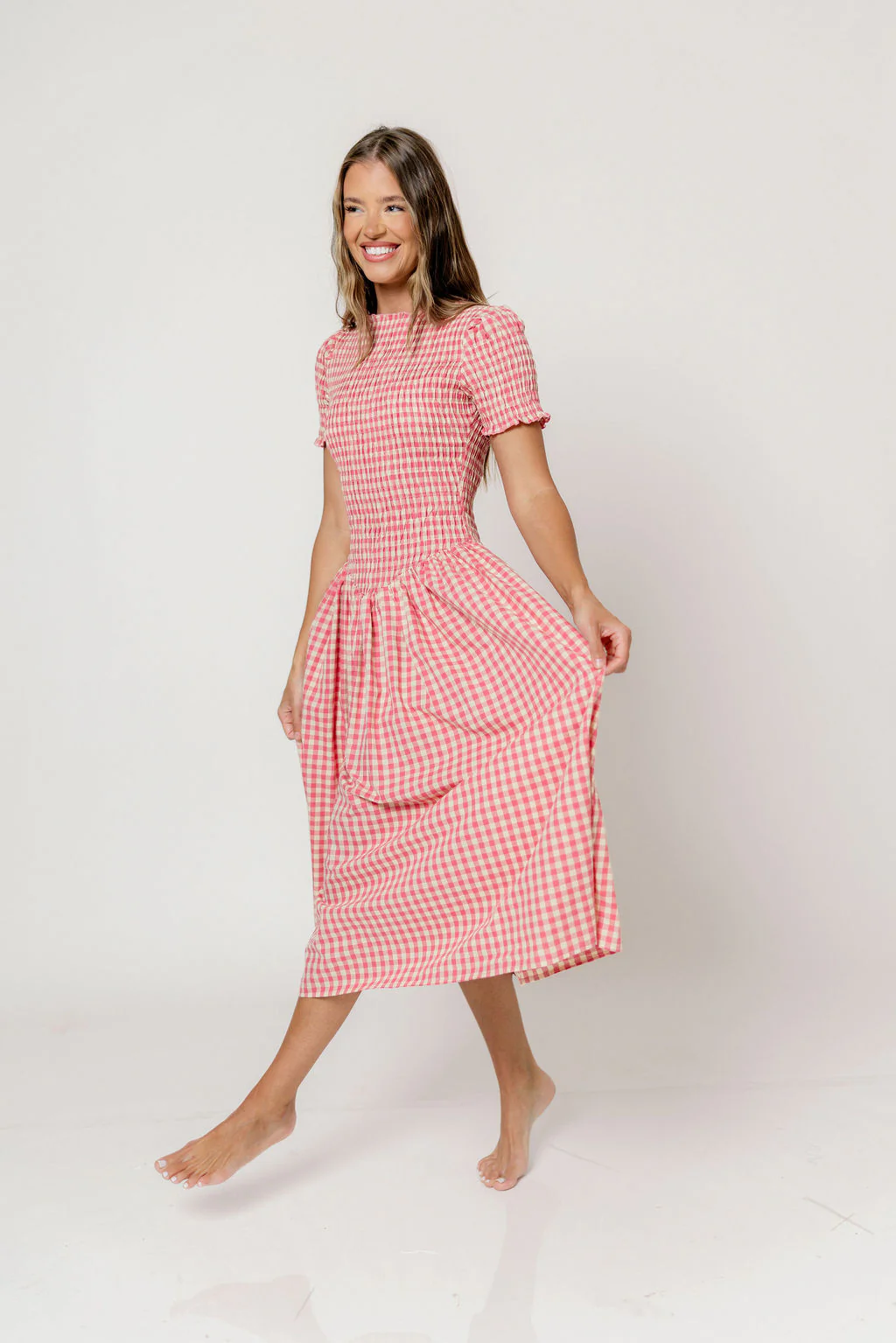 Bianca 100% Cotton Smocked Gingham Midi Dress in Pink - Image 12