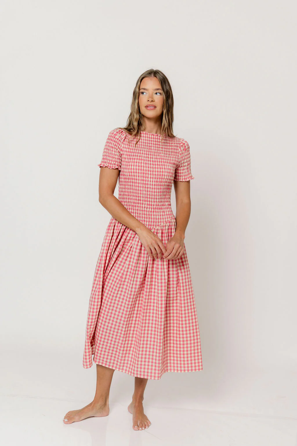 Bianca 100% Cotton Smocked Gingham Midi Dress in Pink - Image 13