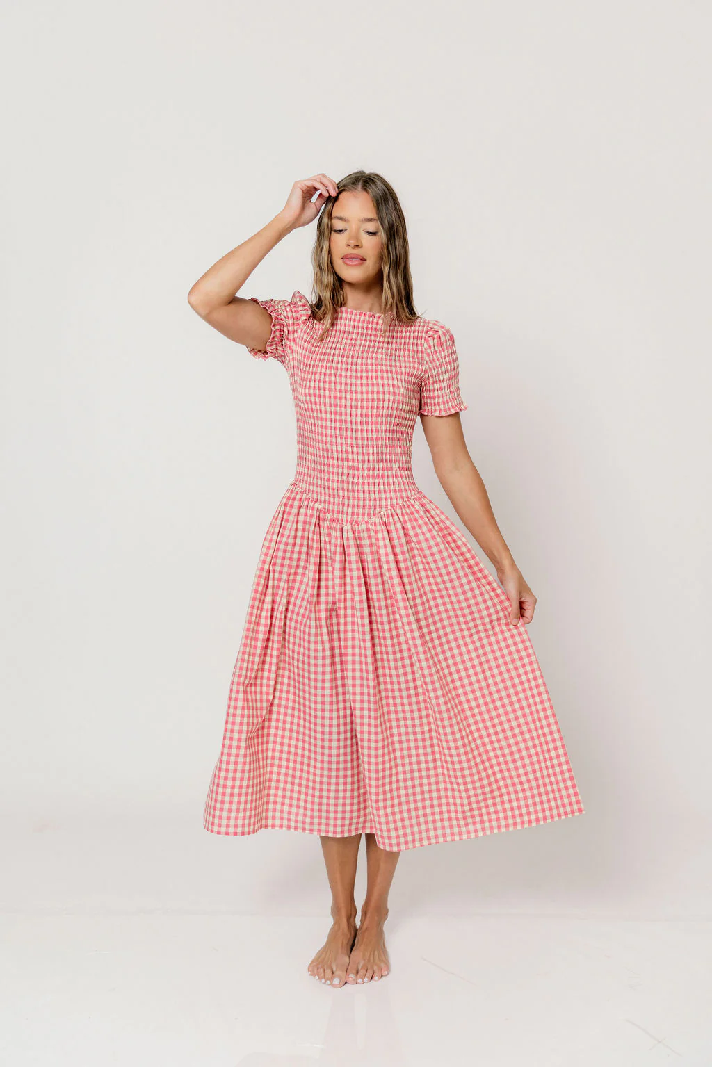 Bianca 100% Cotton Smocked Gingham Midi Dress in Pink - Image 14