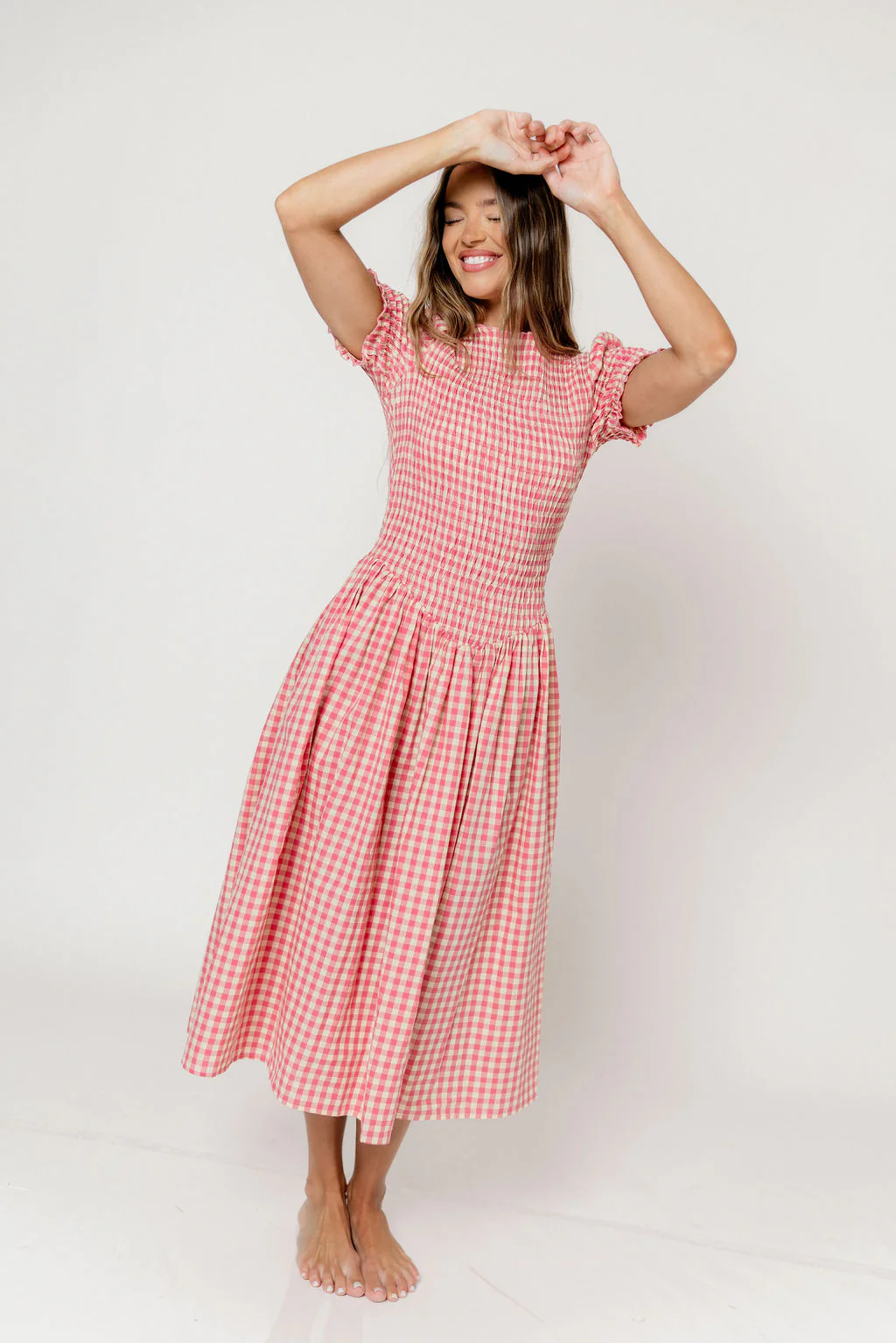 Bianca 100% Cotton Smocked Gingham Midi Dress in Pink - Image 15