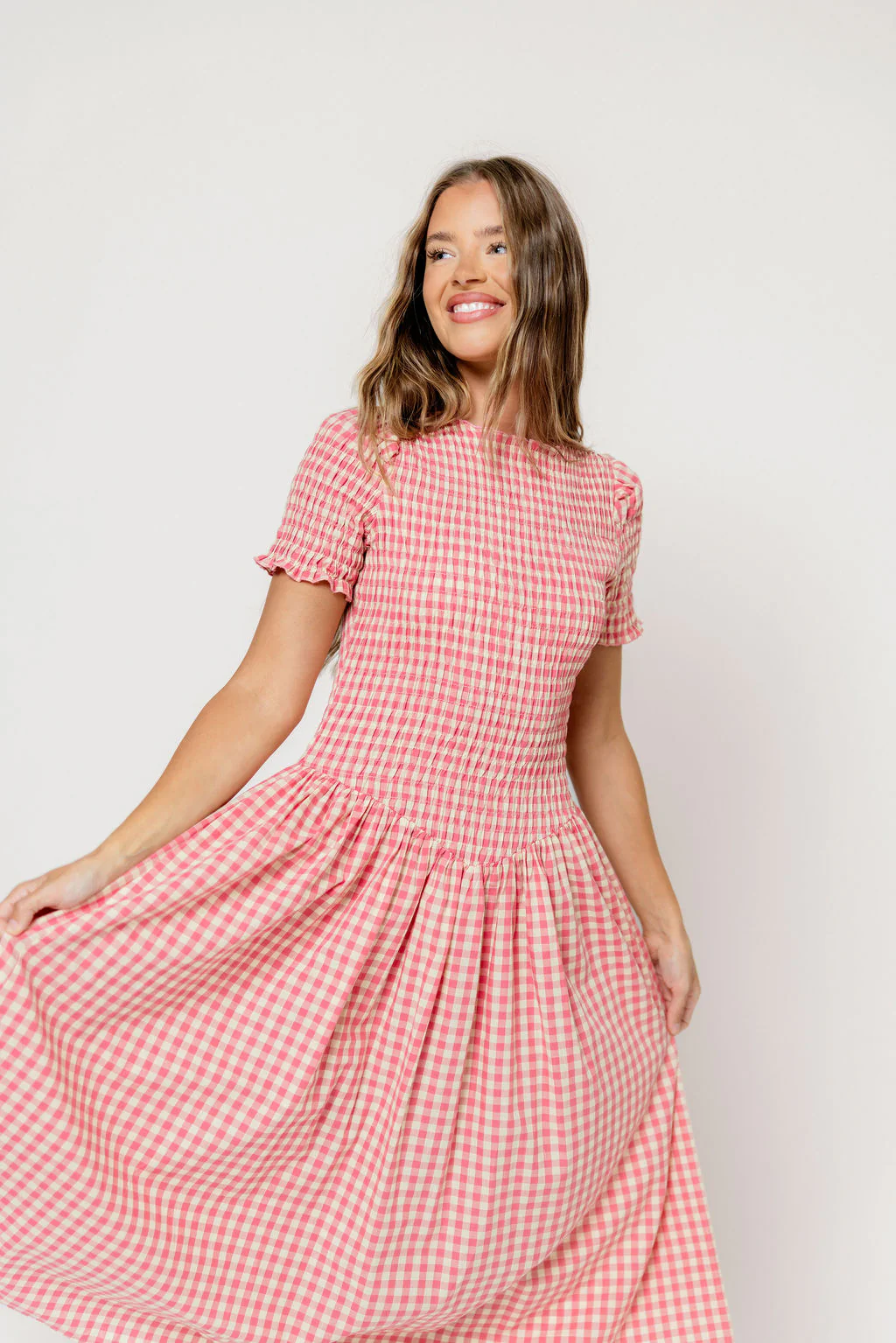 Bianca 100% Cotton Smocked Gingham Midi Dress in Pink - Image 16