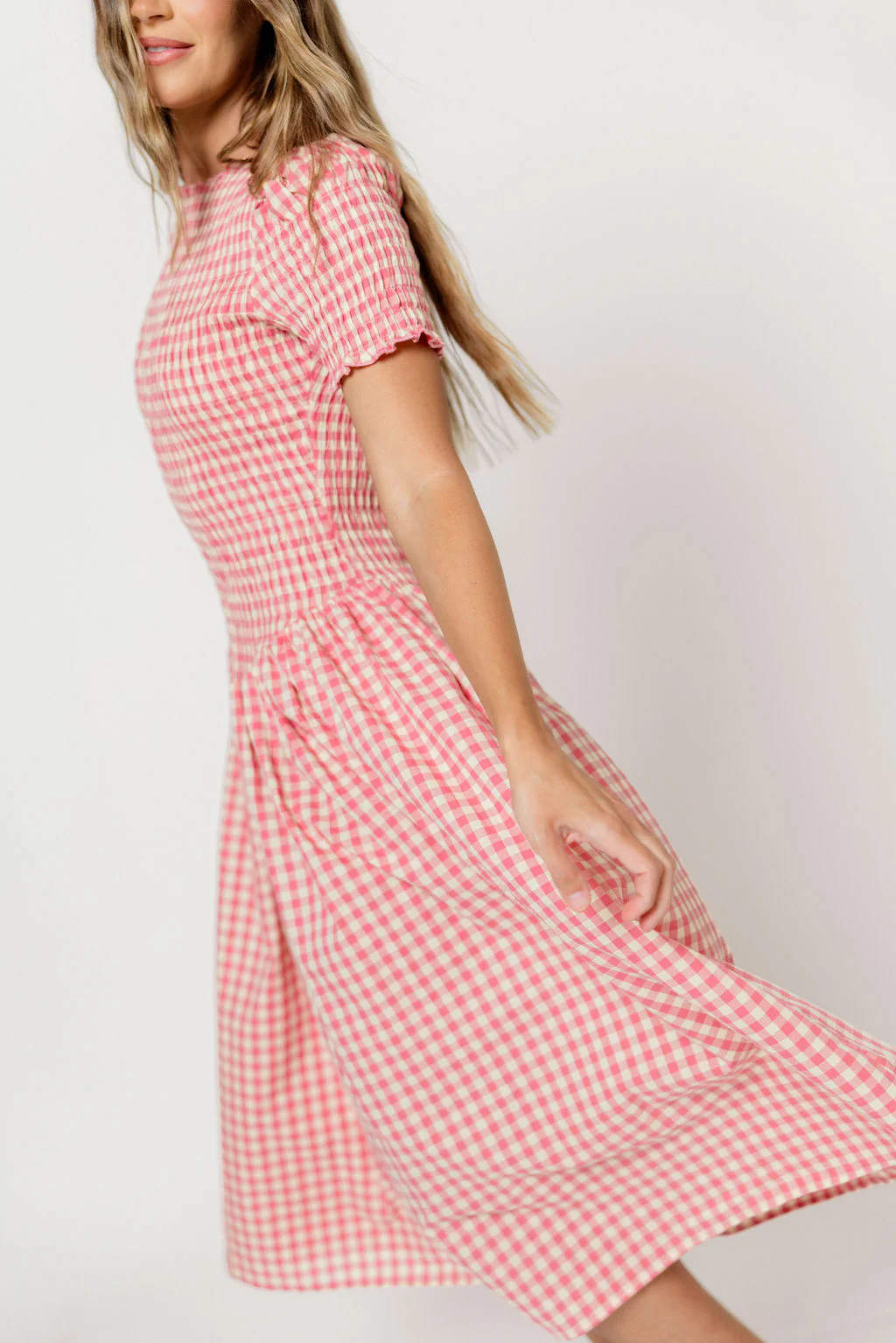 Bianca 100% Cotton Smocked Gingham Midi Dress in Pink - Image 17