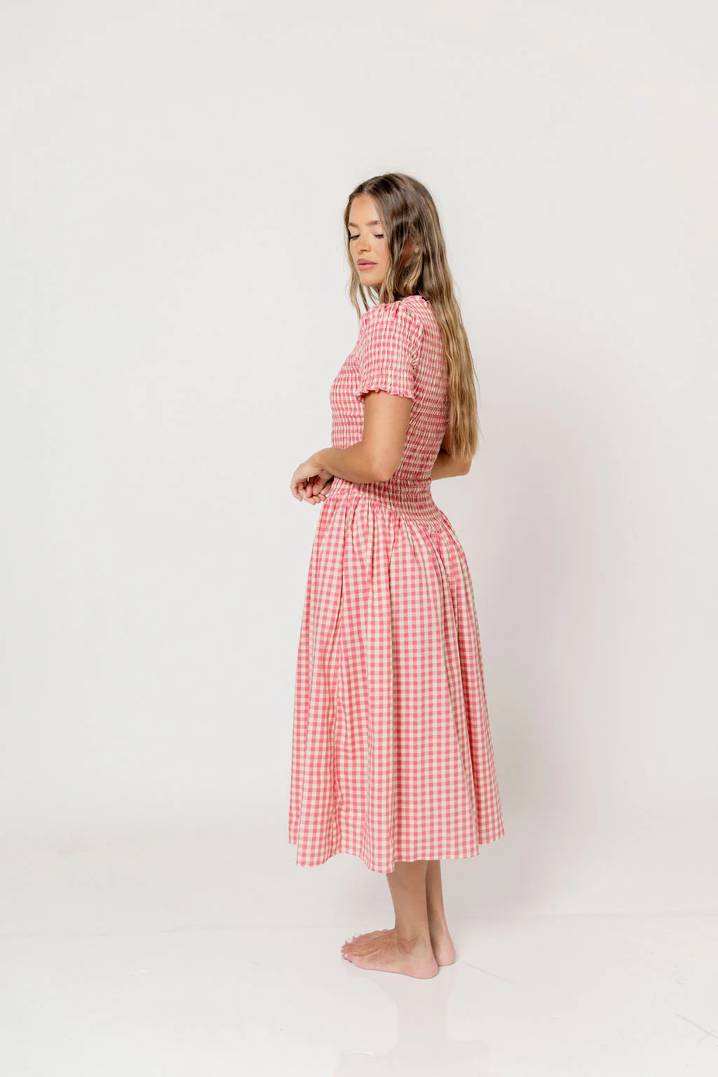 Bianca 100% Cotton Smocked Gingham Midi Dress in Pink - Image 18
