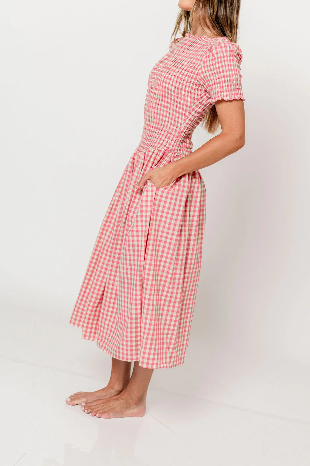 Bianca 100% Cotton Smocked Gingham Midi Dress in Pink - Image 19