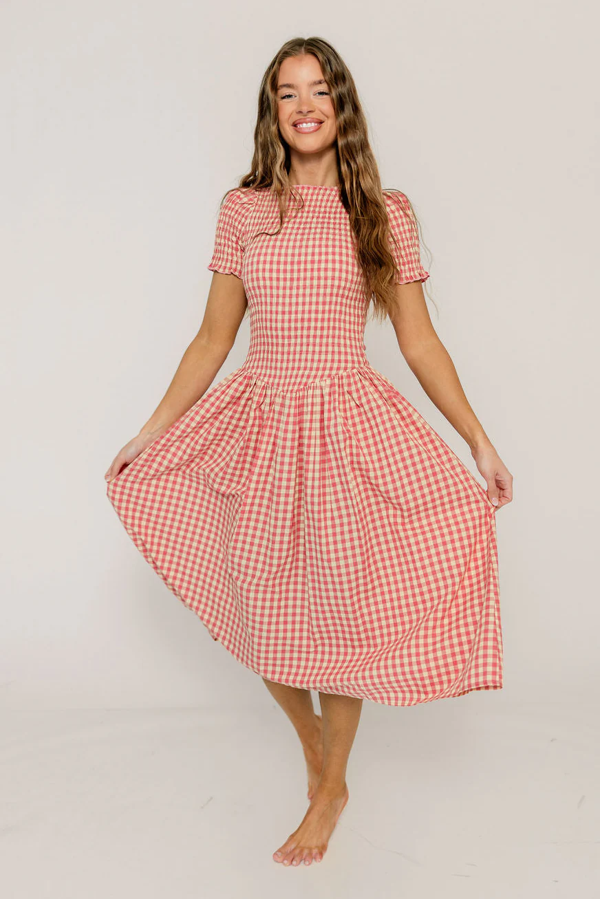 Bianca 100% Cotton Smocked Gingham Midi Dress in Pink - Image 2