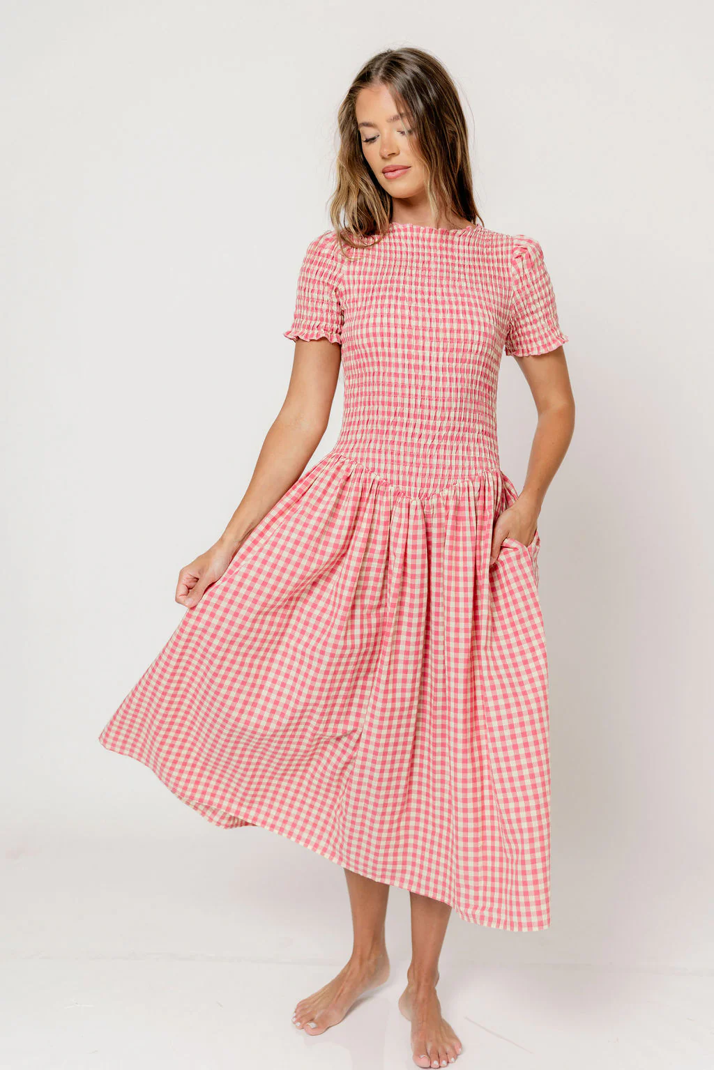 Bianca 100% Cotton Smocked Gingham Midi Dress in Pink - Image 20