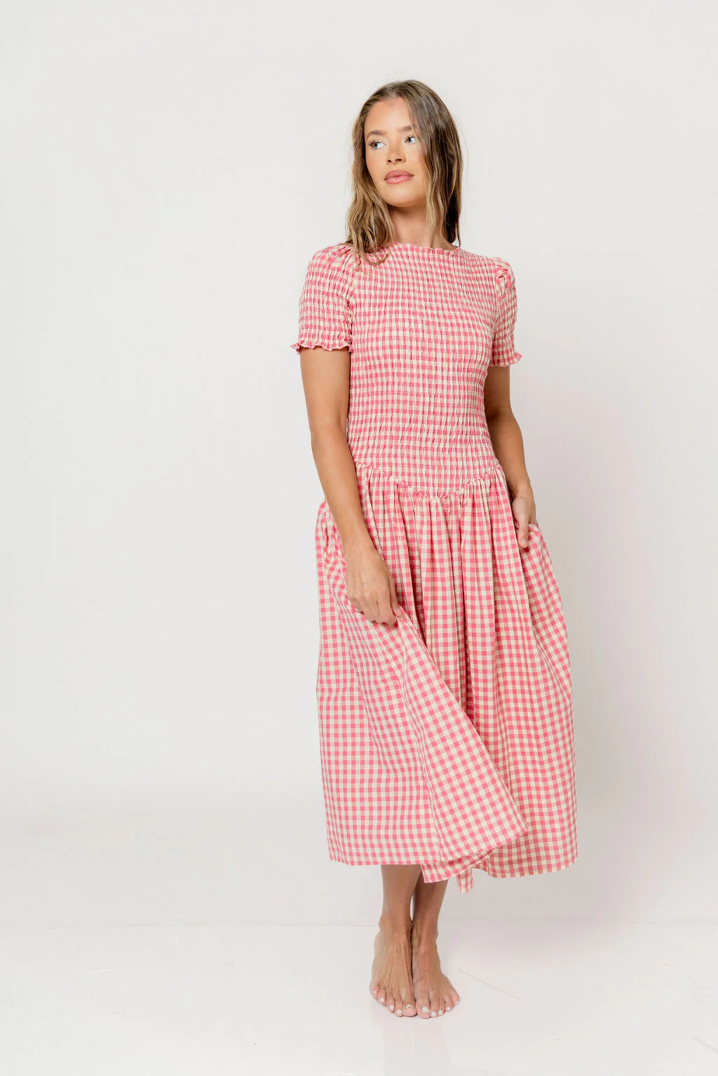Bianca 100% Cotton Smocked Gingham Midi Dress in Pink - Image 21