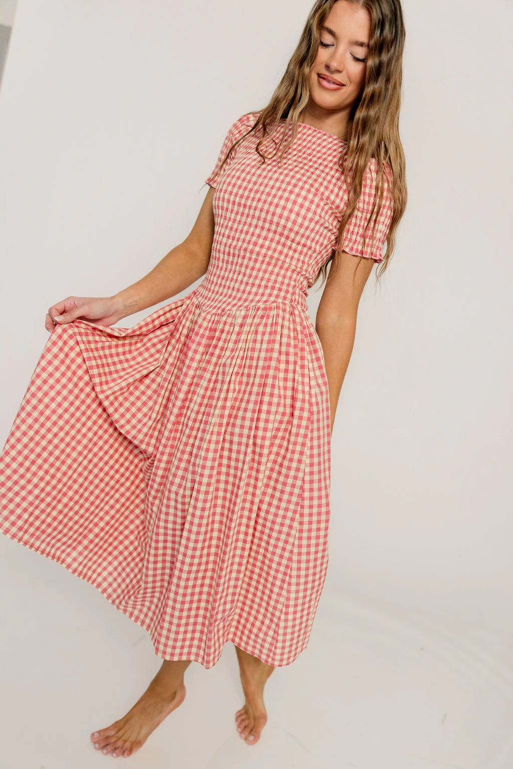 Bianca 100% Cotton Smocked Gingham Midi Dress in Pink - Image 3