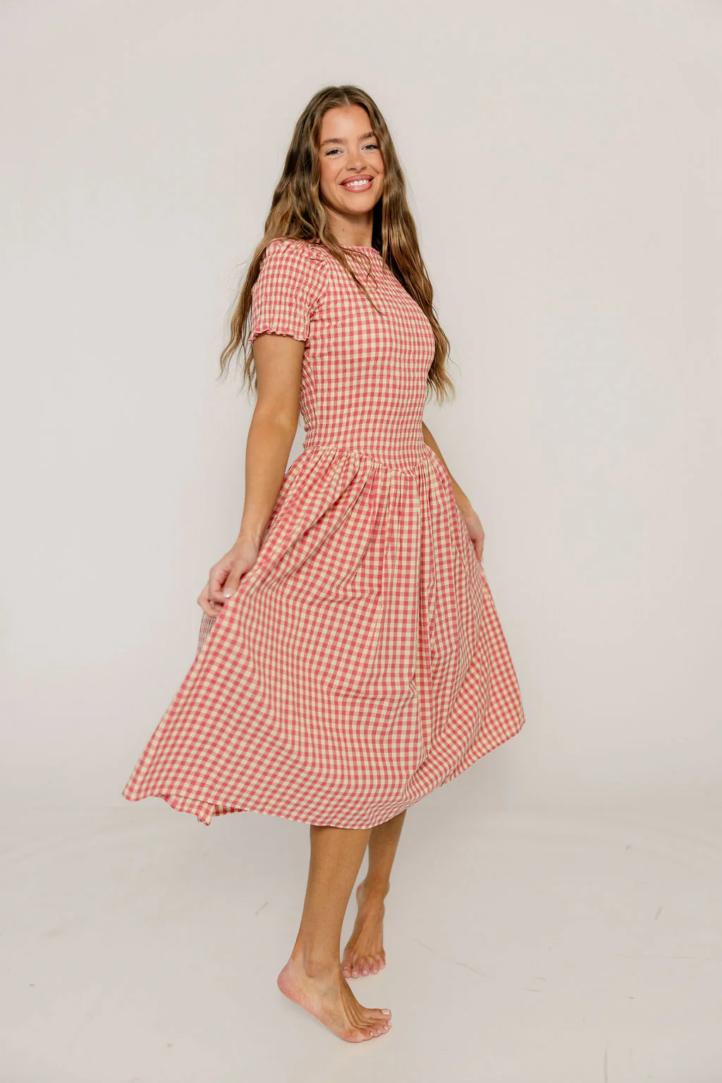 Bianca 100% Cotton Smocked Gingham Midi Dress in Pink - Image 4