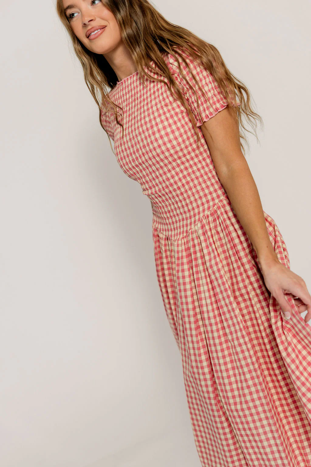 Bianca 100% Cotton Smocked Gingham Midi Dress in Pink - Image 5