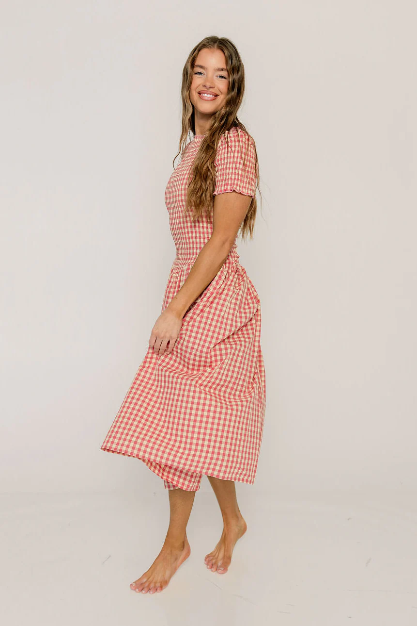 Bianca 100% Cotton Smocked Gingham Midi Dress in Pink - Image 6