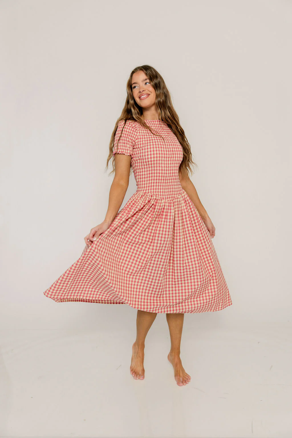 Bianca 100% Cotton Smocked Gingham Midi Dress in Pink - Image 7