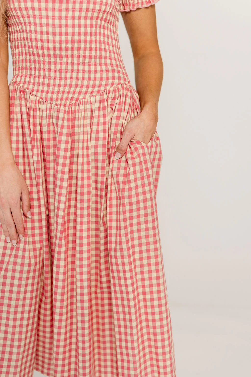 Bianca 100% Cotton Smocked Gingham Midi Dress in Pink - Image 8