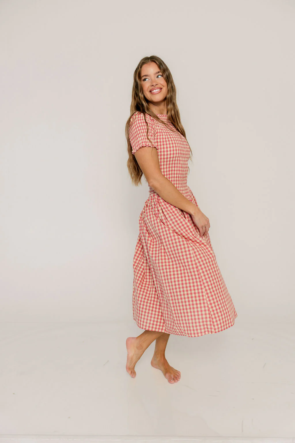 Bianca 100% Cotton Smocked Gingham Midi Dress in Pink - Image 9