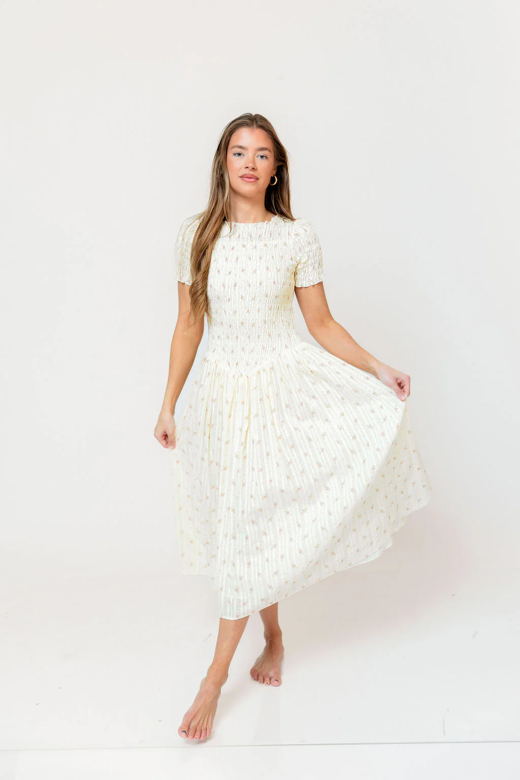Bianca Smocked Floral Midi Dress in Butter Yellow