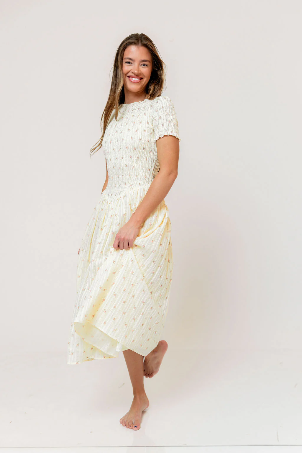 Bianca Smocked Floral Midi Dress in Butter Yellow - Image 9