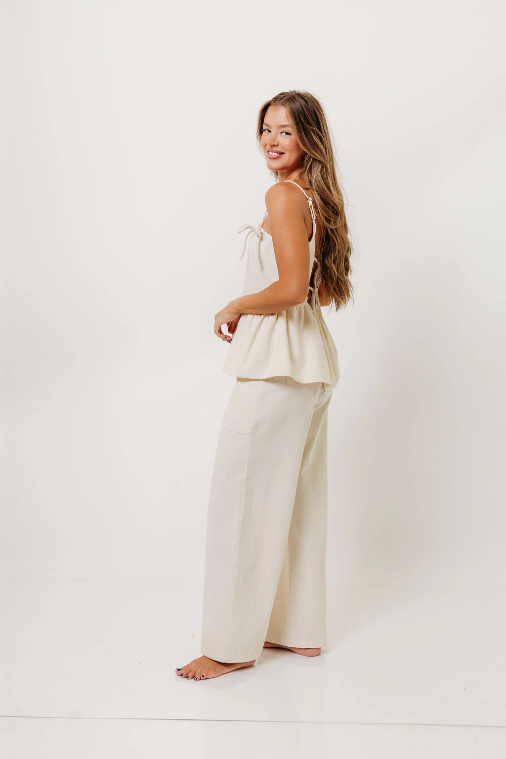 Keira 100% Cotton Bow Trim Peplum Top in Cream - Image 4
