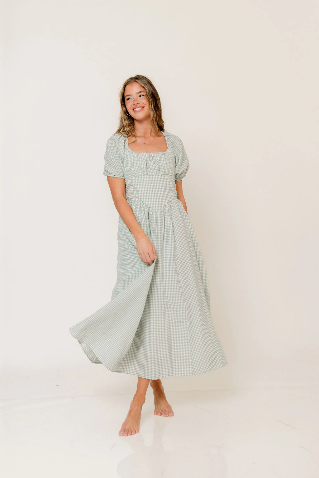 Briana Gingham Basque Puff Sleeve Maxi Dress in Lily Pad