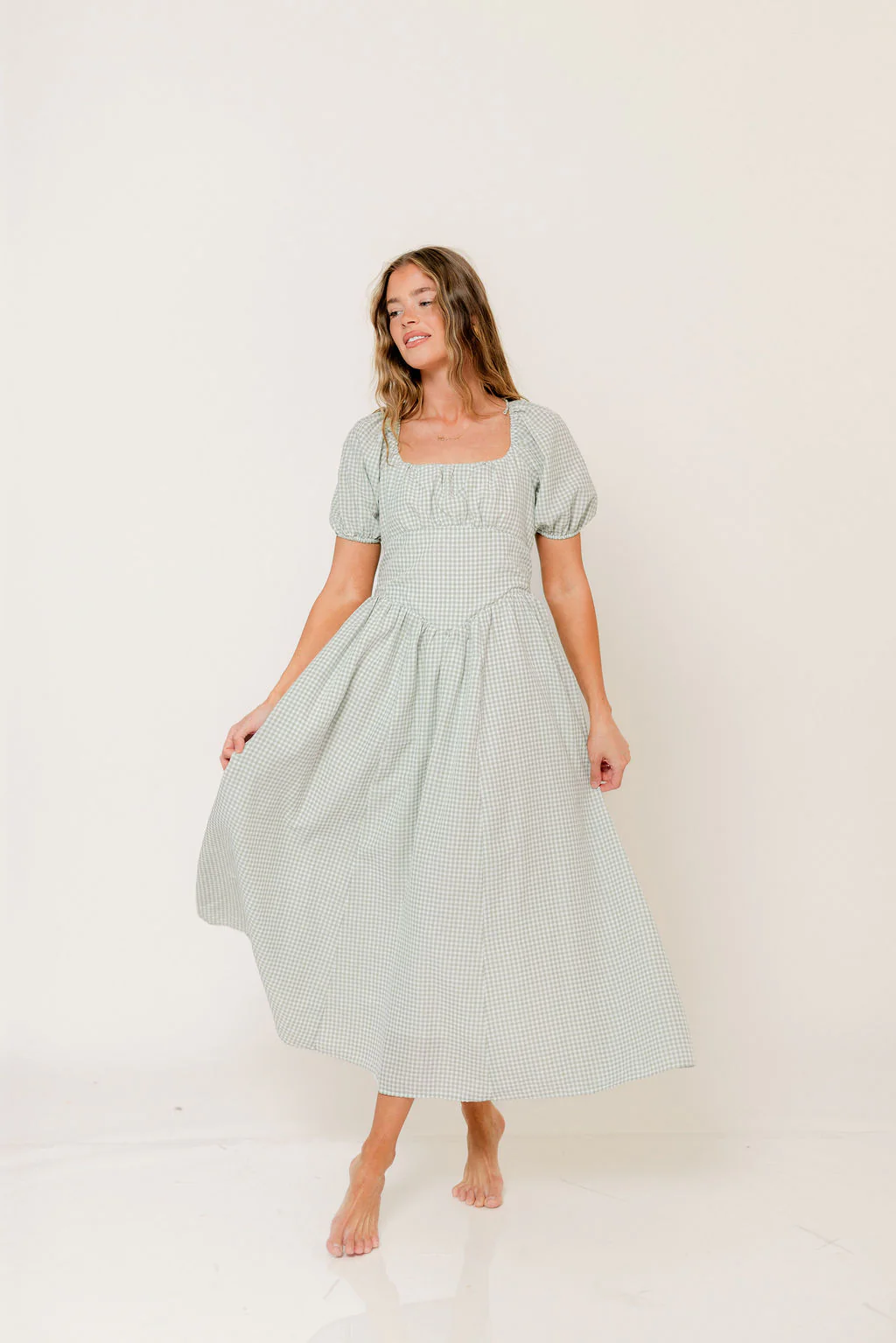 Briana Gingham Basque Puff Sleeve Maxi Dress in Lily Pad - Image 2