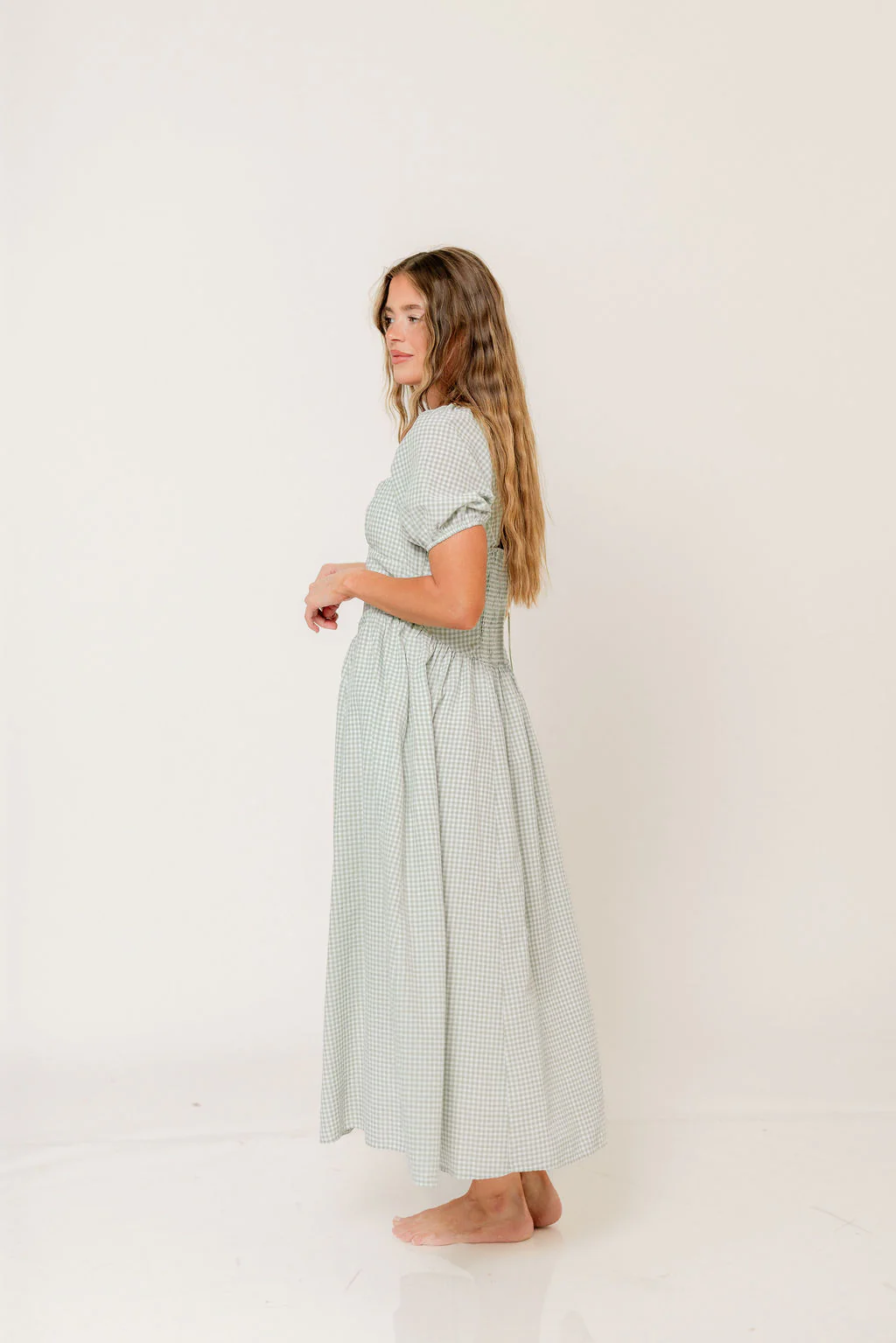 Briana Gingham Basque Puff Sleeve Maxi Dress in Lily Pad - Image 3